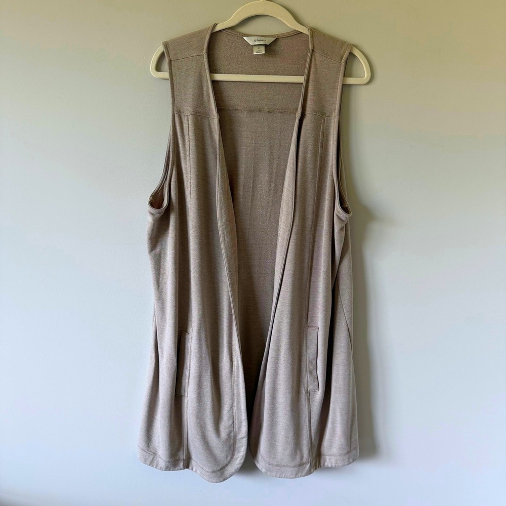 CJ Banks Tan Open Front Longline Vest Sleeveless Pockets 2X Lagenlook Minimalist